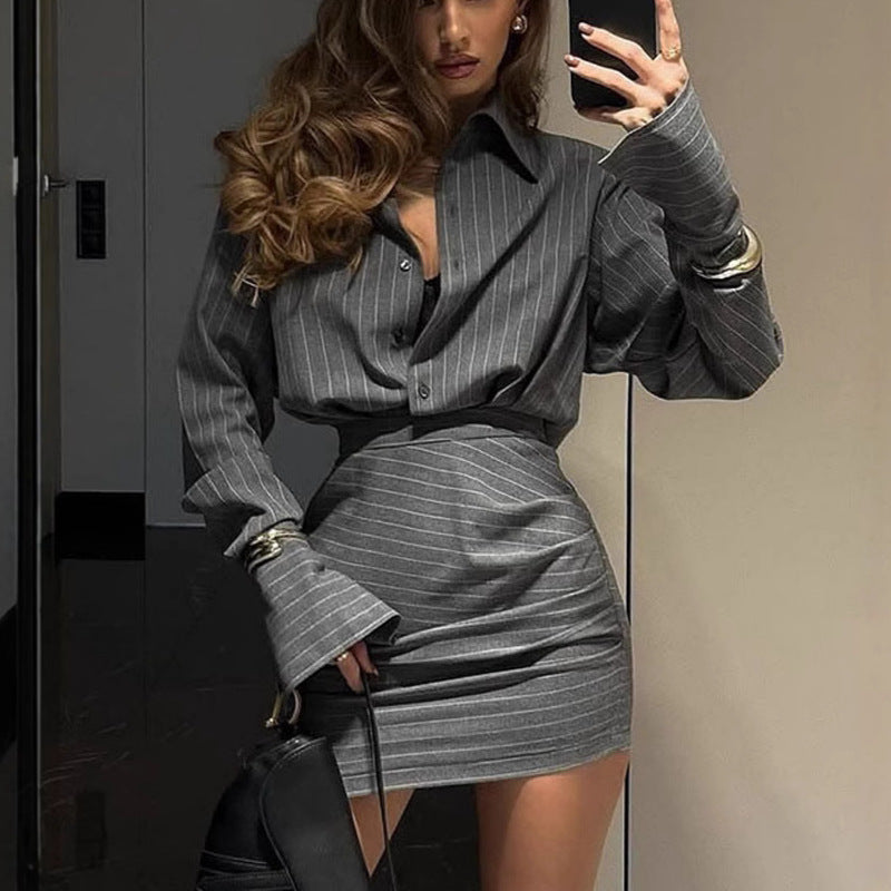 Pinstripe Mini Shirt Dress with Long Sleeves