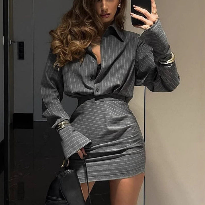 Pinstripe Mini Shirt Dress with Long Sleeves