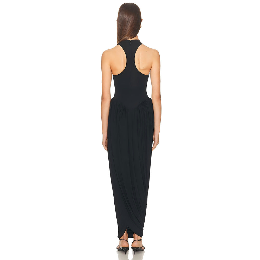 Robe longue sans manches à col montant