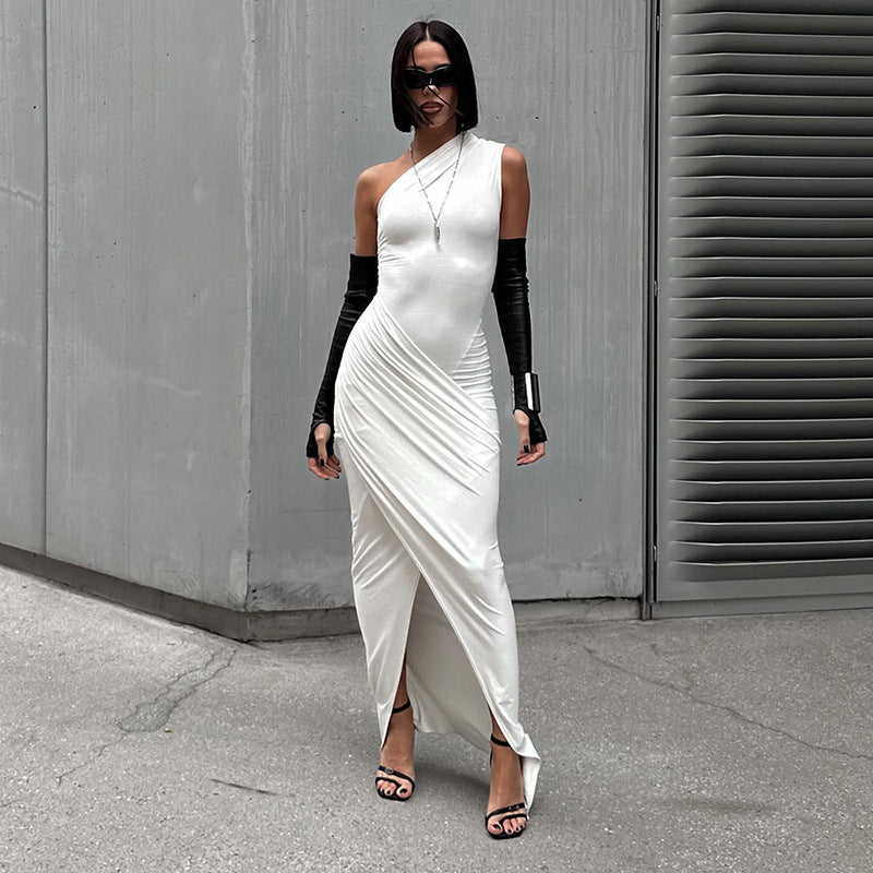 One-Shoulder Wrap Maxi Dress with Slit