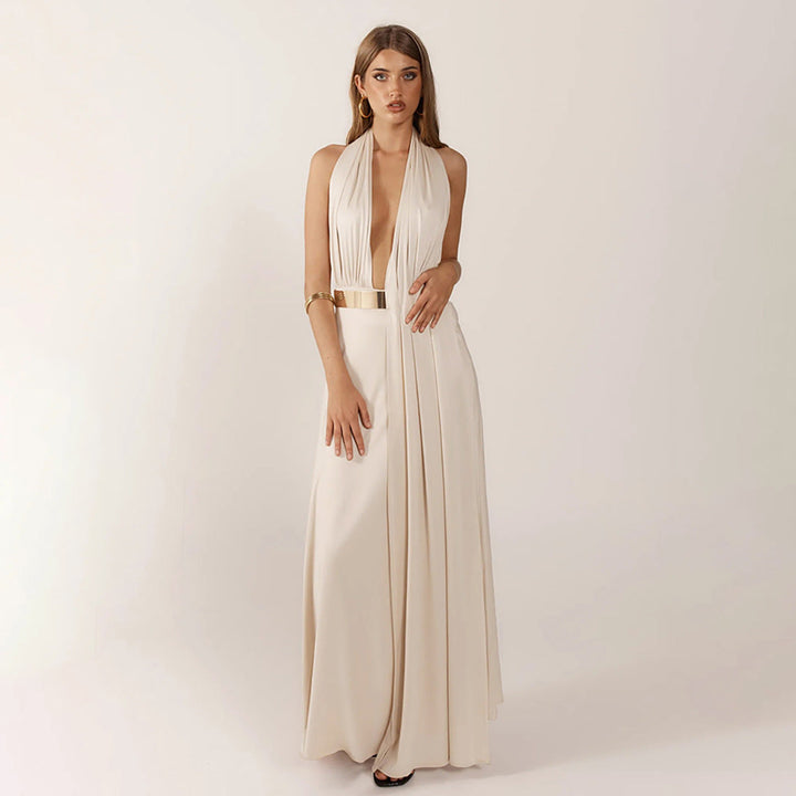 Halter Maxi Dress with Deep V-Neck and Belt