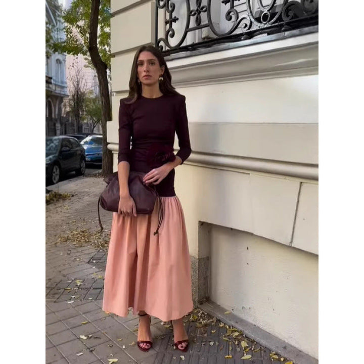 Contrast Bodice Maxi Dress with Long Sleeves
