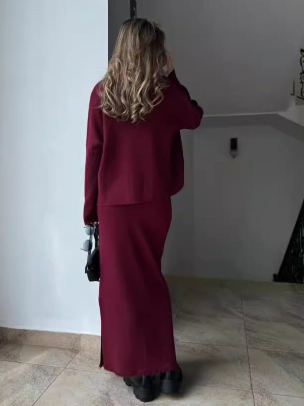 Knitted Maxi Dress with High Neck and Slit