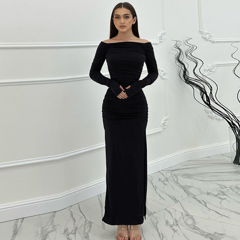 Off-Shoulder Maxi Dress with Slit and Long Sleeves