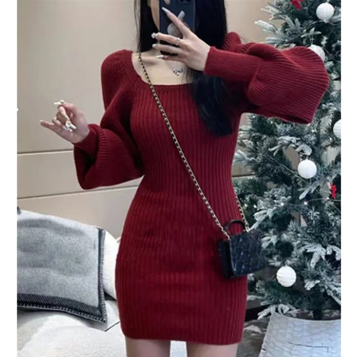 Ribbed Knit Puff Sleeve Dress