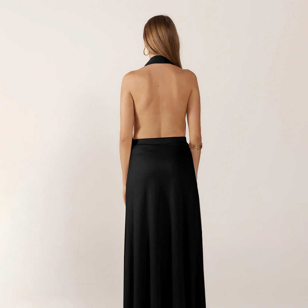 Halter Maxi Dress with Deep V-Neck and Belt