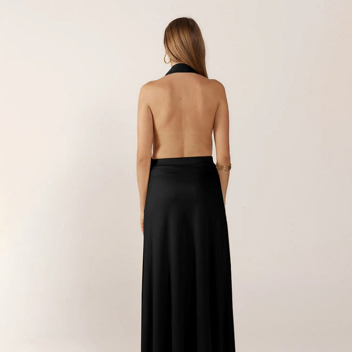 Halter Maxi Dress with Deep V-Neck and Belt