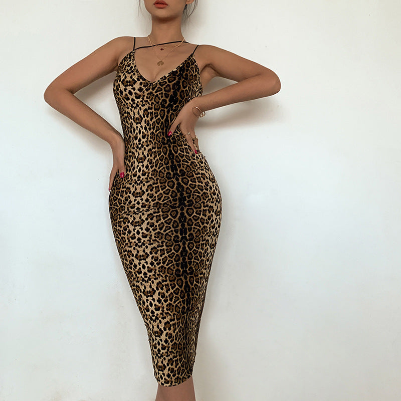 Leopard Print V-Neck Sleeveless Midi Dress
