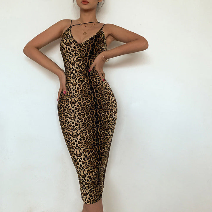Leopard Print V-Neck Sleeveless Midi Dress