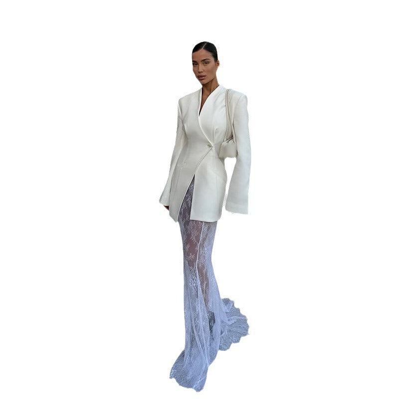 White Blazer Dress with Lace Maxi Skirt
