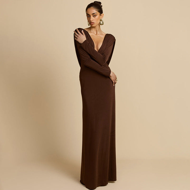 Kaffeebraunes Maxikleid mit tiefem V-Ausschnitt