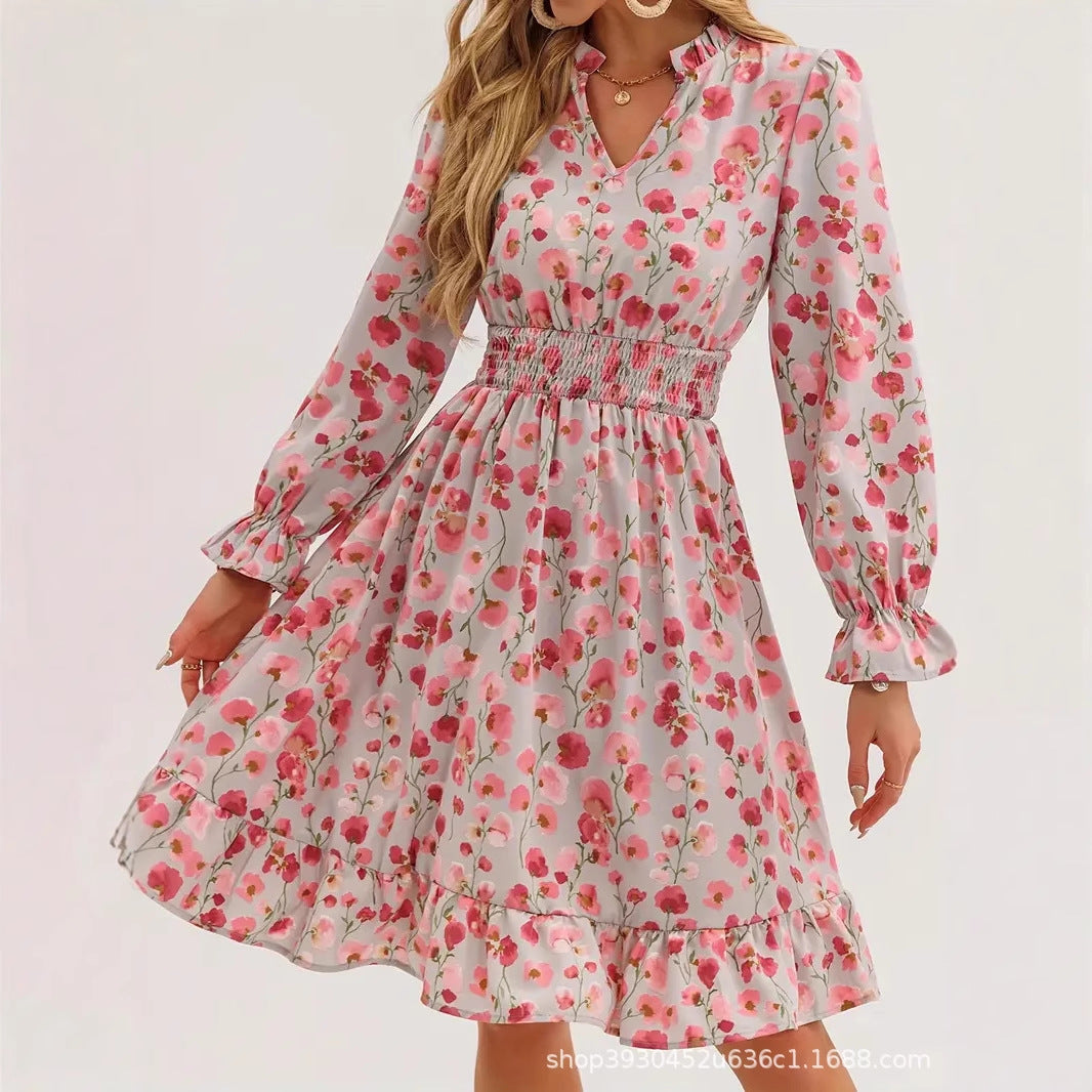 Floral V-Neck Mini Dress with Long Sleeves