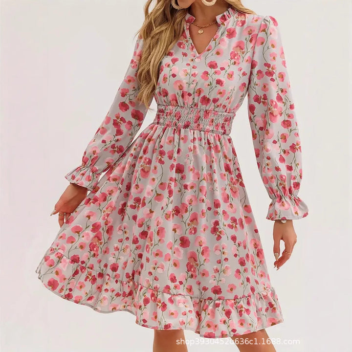 Floral V-Neck Mini Dress with Long Sleeves