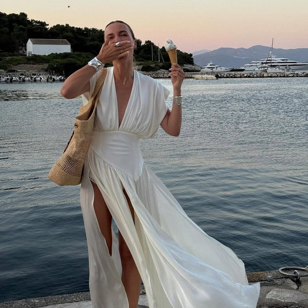 Maxi Dress with Deep V-Neck and High Slit