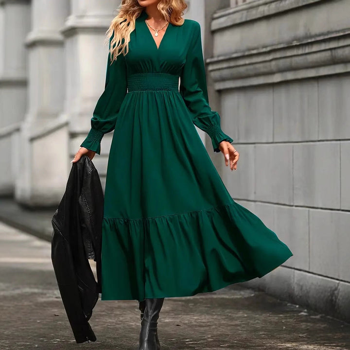 Maxi Dress with V-Neck and Long Sleeves