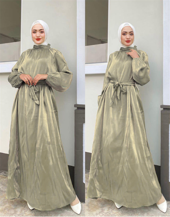 Satin-Look Maxi Dress with Belt