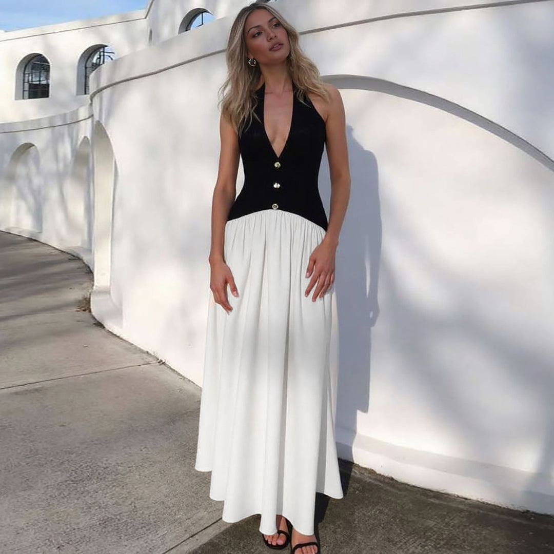 Vestido maxi com decote em V profundo e corpete com botões