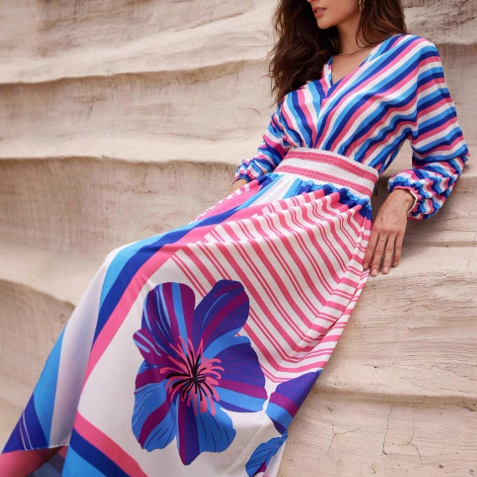 V-Neck Maxi Dress with Floral and Stripe Design