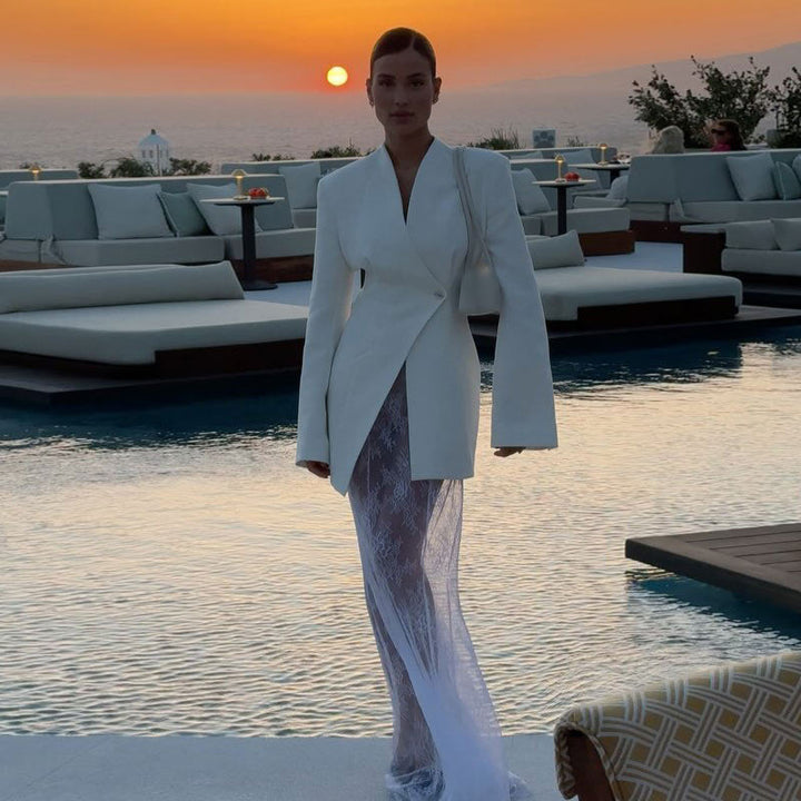 White Blazer Dress with Lace Maxi Skirt
