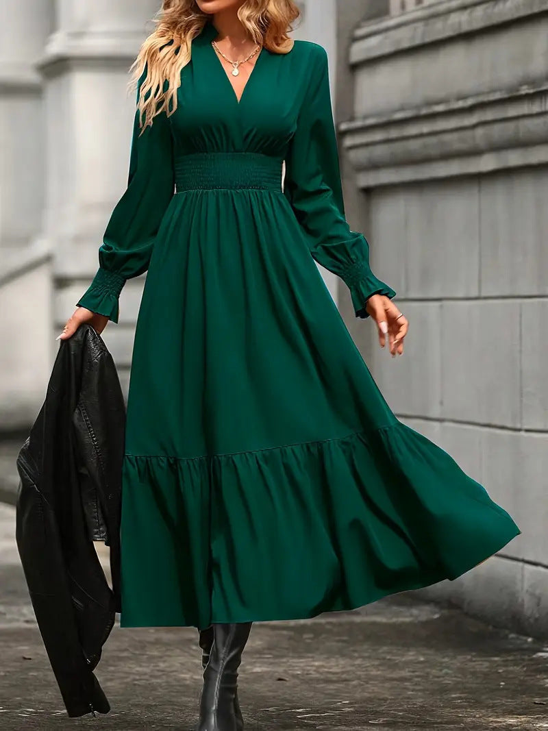 Maxi Dress with V-Neck and Long Sleeves