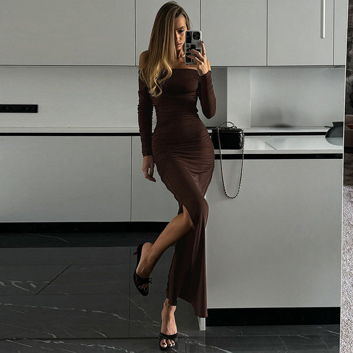Off-Shoulder Maxi Dress with Slit and Long Sleeves