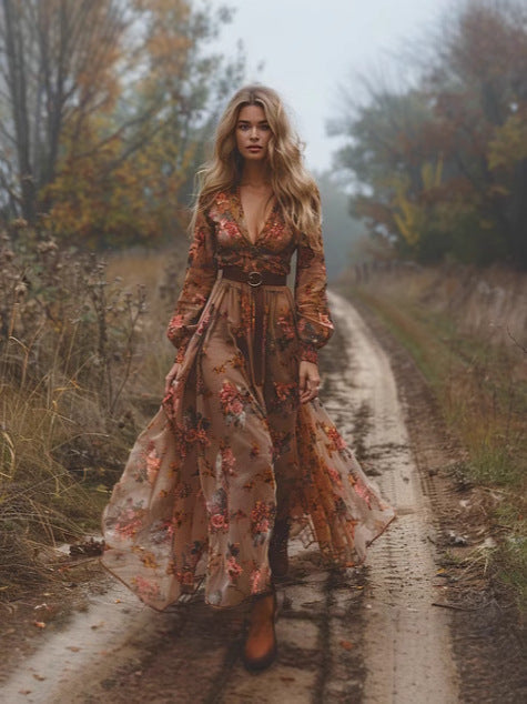 Boho Floral Maxi Dress With Sheer Sleeves