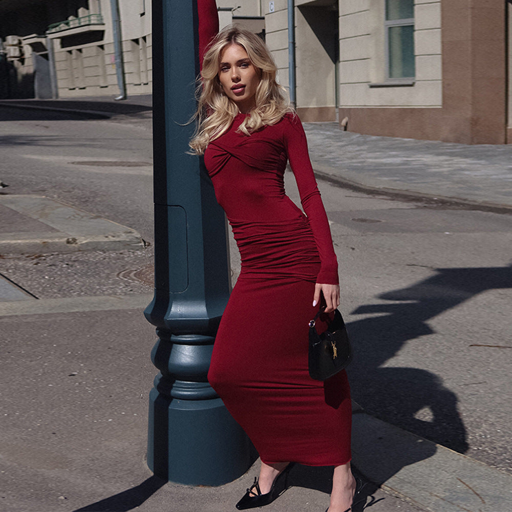 Maxikleid mit langen Ärmeln und Raffungen