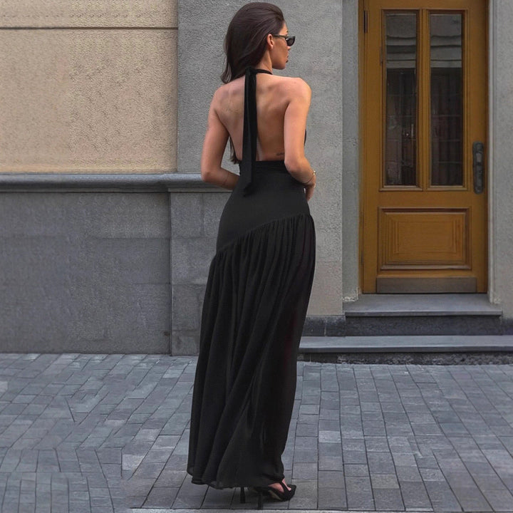 Halter Maxi Dress with Slit and Flowing Skirt