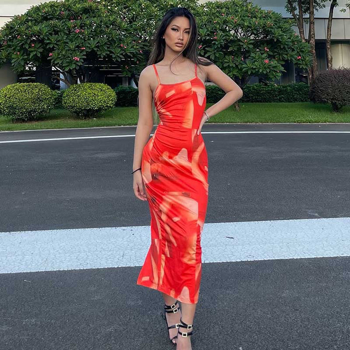 Graphic Print Spaghetti Strap Midi Dress
