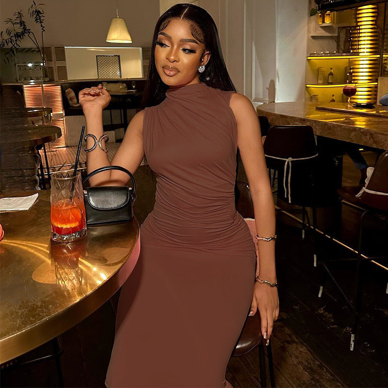 Sleeveless High Collar Midi Dress