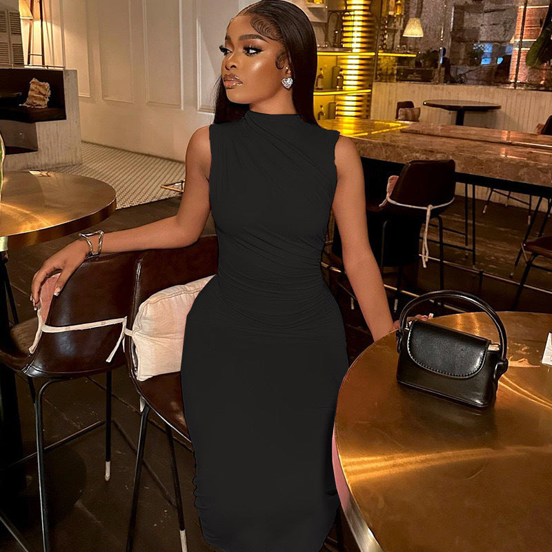 Sleeveless High Collar Midi Dress