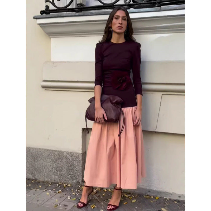 Contrast Bodice Maxi Dress with Long Sleeves