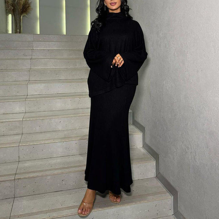 Ribbed Maxi Dress with Turtleneck and Wide Sleeves