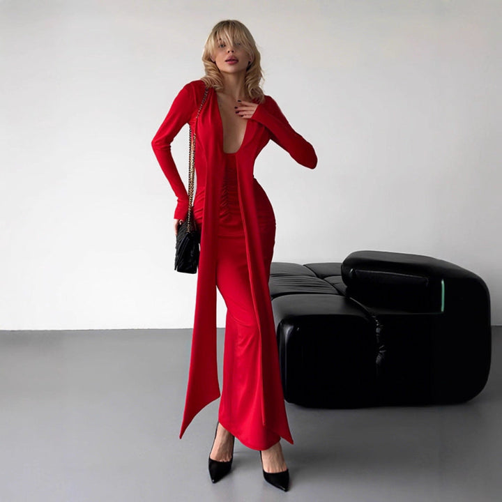 Maxi Dress with Deep V-Neck and Long Sleeves