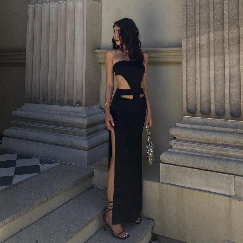 Strapless Maxi Dress with Cut-Outs and Slit