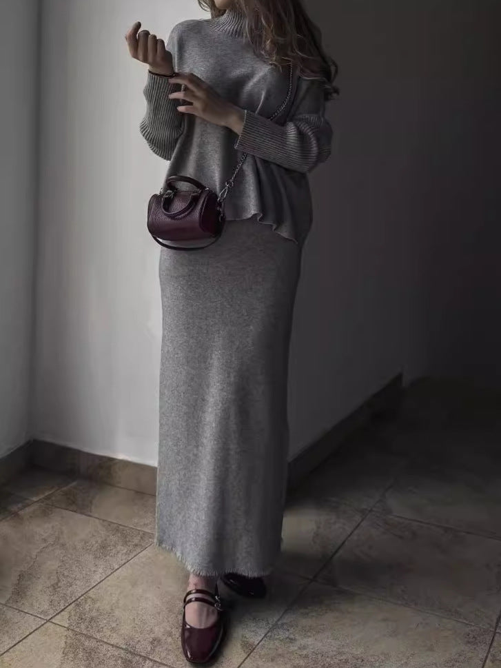 Knitted Maxi Dress with High Neck and Slit