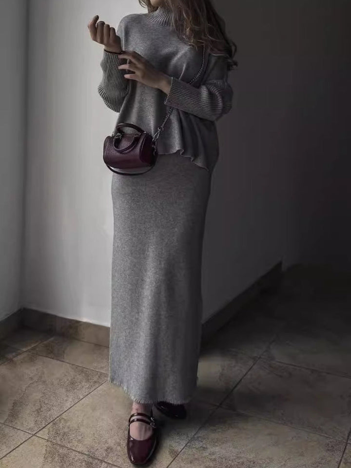 Knitted Maxi Dress with High Neck and Slit