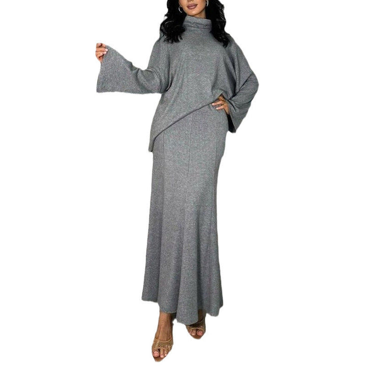 Ribbed Maxi Dress with Turtleneck and Wide Sleeves