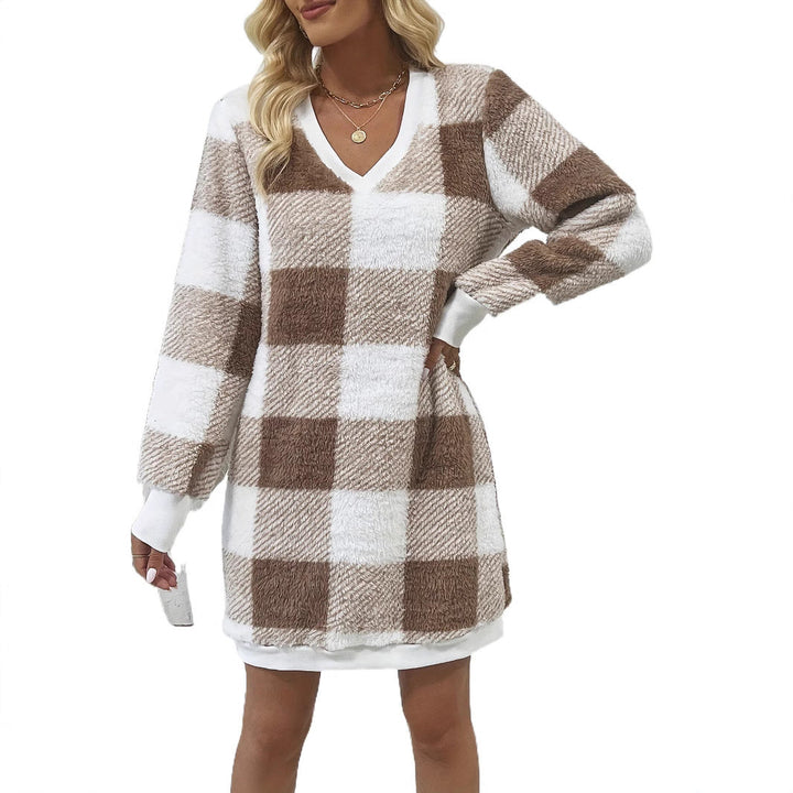 Plaid V-Neck Sweater Dress with Long Sleeves