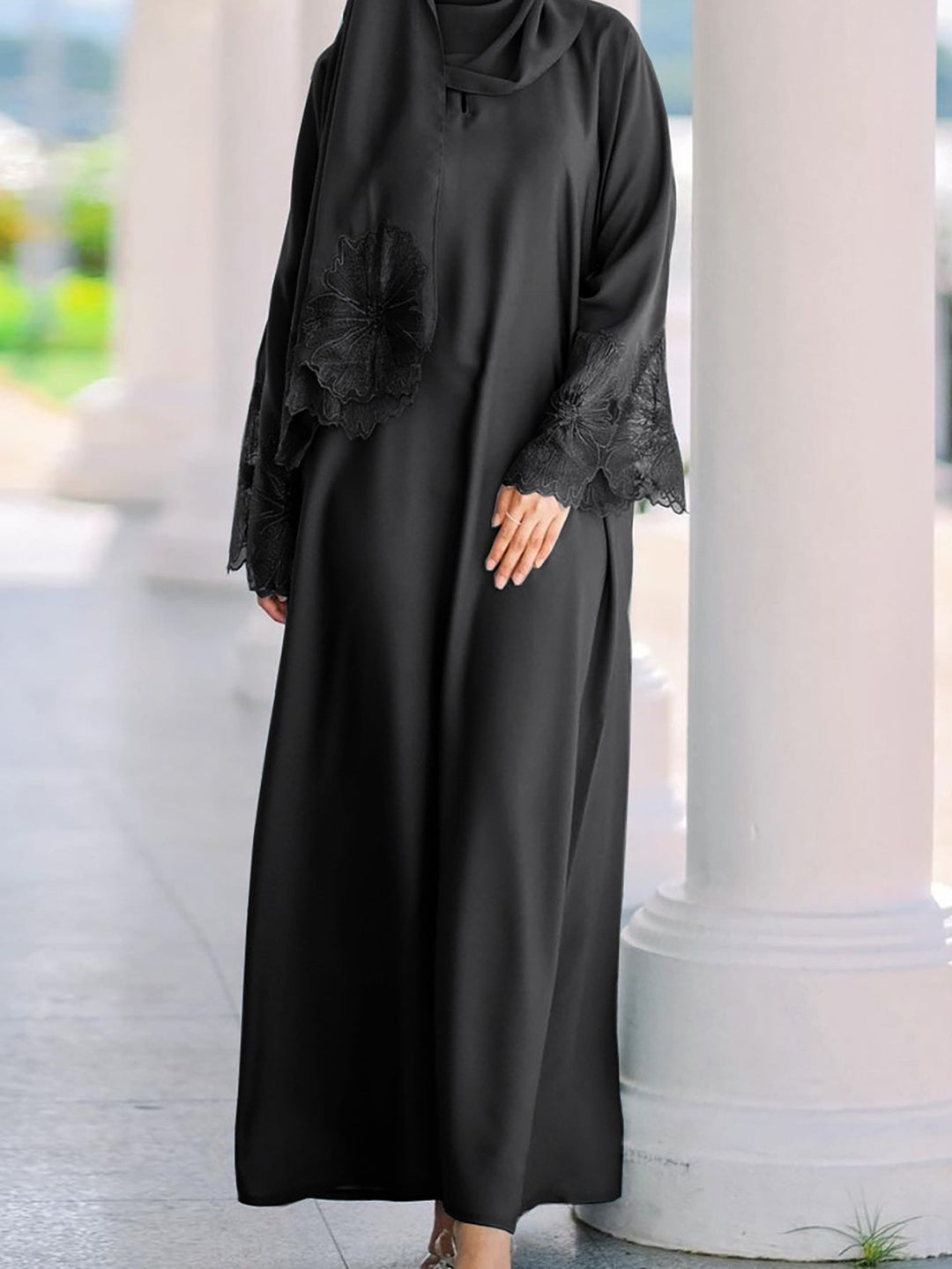 Maxi Dress with Floral Lace Sleeves