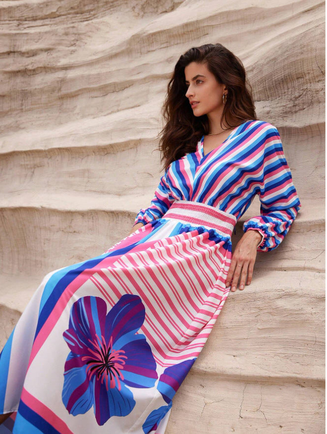 V-Neck Maxi Dress with Floral and Stripe Design