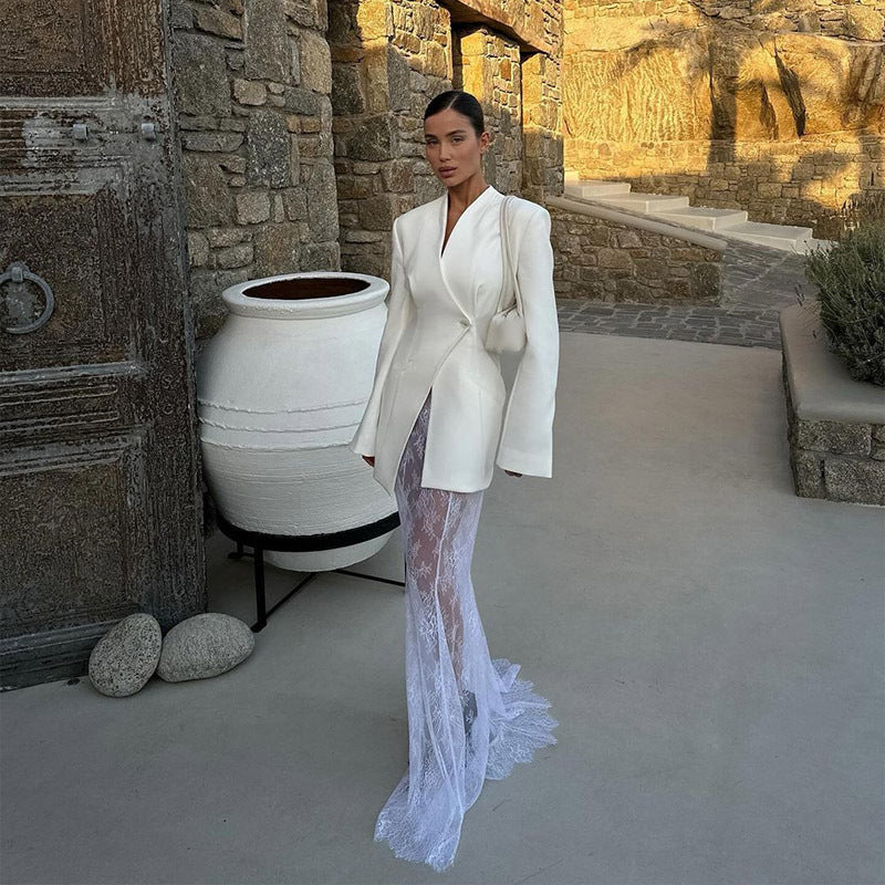 White Blazer Dress with Lace Maxi Skirt