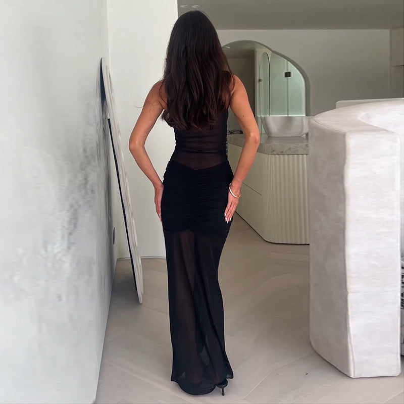 Vestido largo transparente con cintura fruncida
