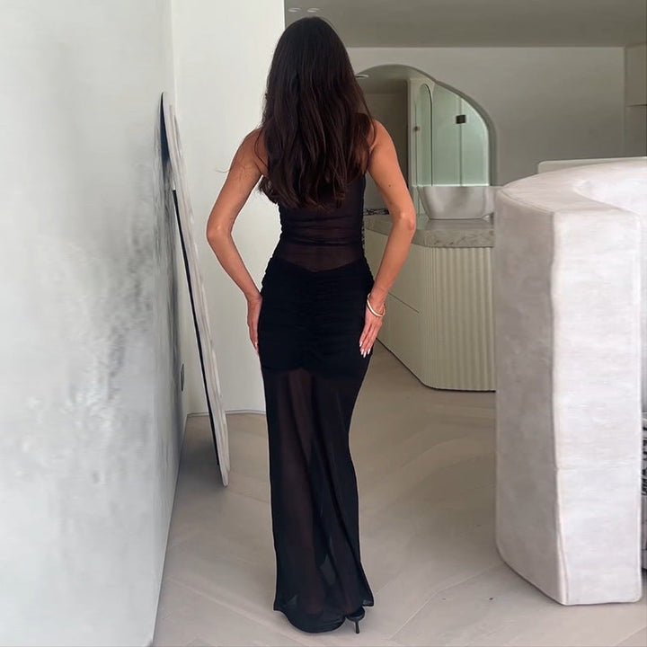 Vestido largo transparente con cintura fruncida
