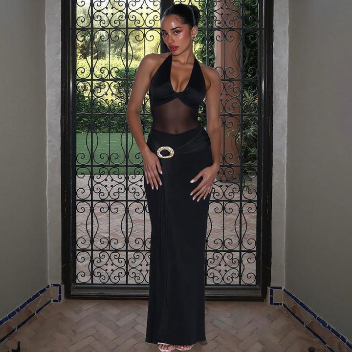 Maxi Wrap Dress with Sheer Bodice and Belt