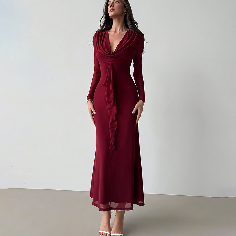 Long Sleeve Maxi Dress with V-Neck and Ruffle