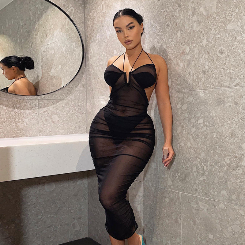 Sheer Black Halter Midi Dress