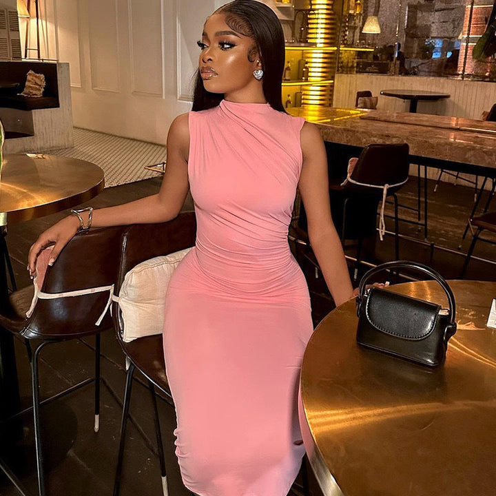 Sleeveless High Collar Midi Dress