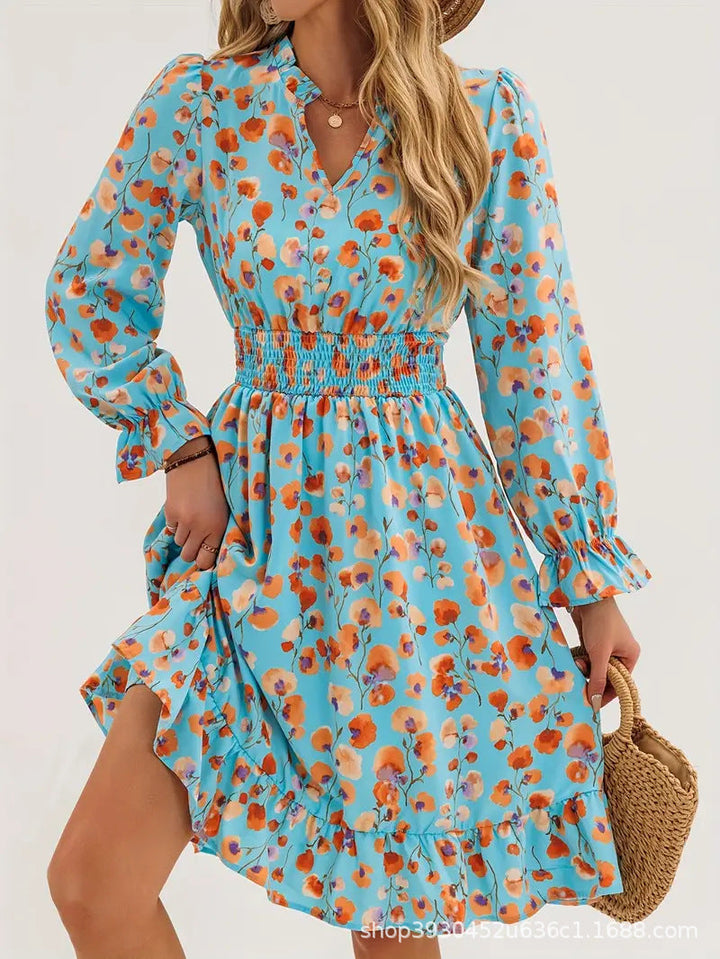 Floral V-Neck Mini Dress with Long Sleeves