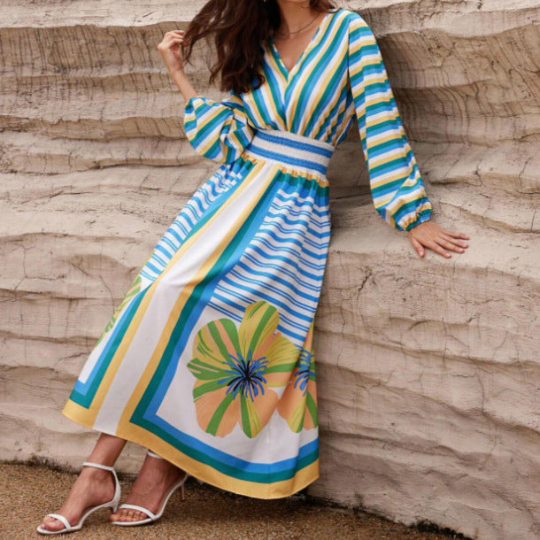 V-Neck Maxi Dress with Floral and Stripe Design